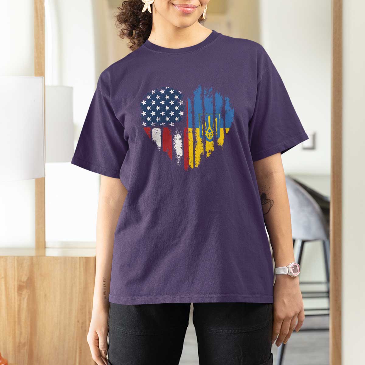 Support Ukraine T Shirt For Women Stand With Ukraine American Ukrainian Flag