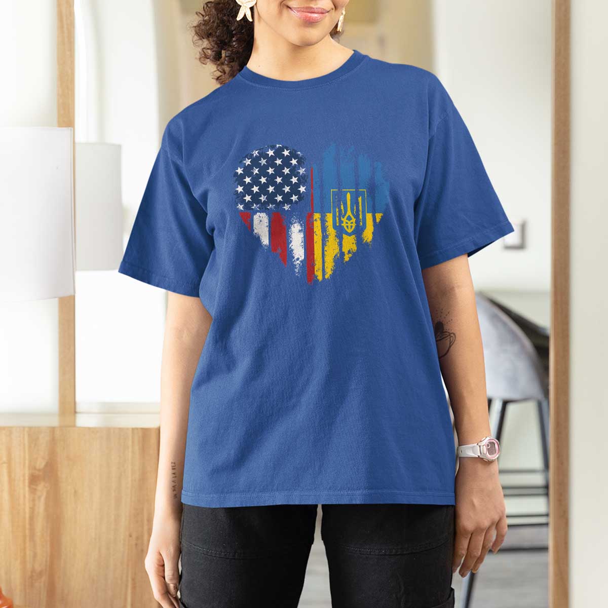 Support Ukraine T Shirt For Women Stand With Ukraine American Ukrainian Flag