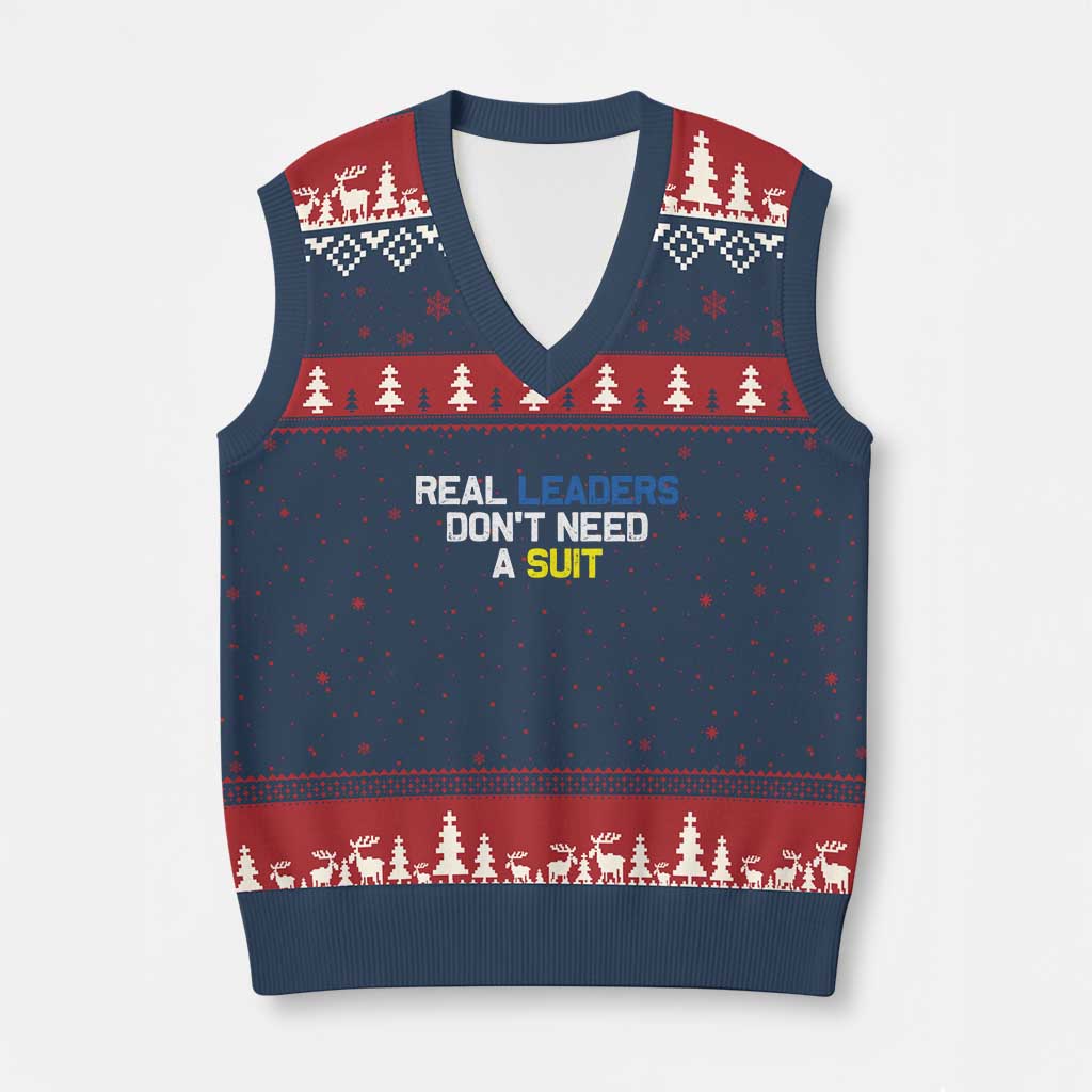 Support Ukraine V-Neck Knit Sweater Vest Real Leaders Dont Need Suits