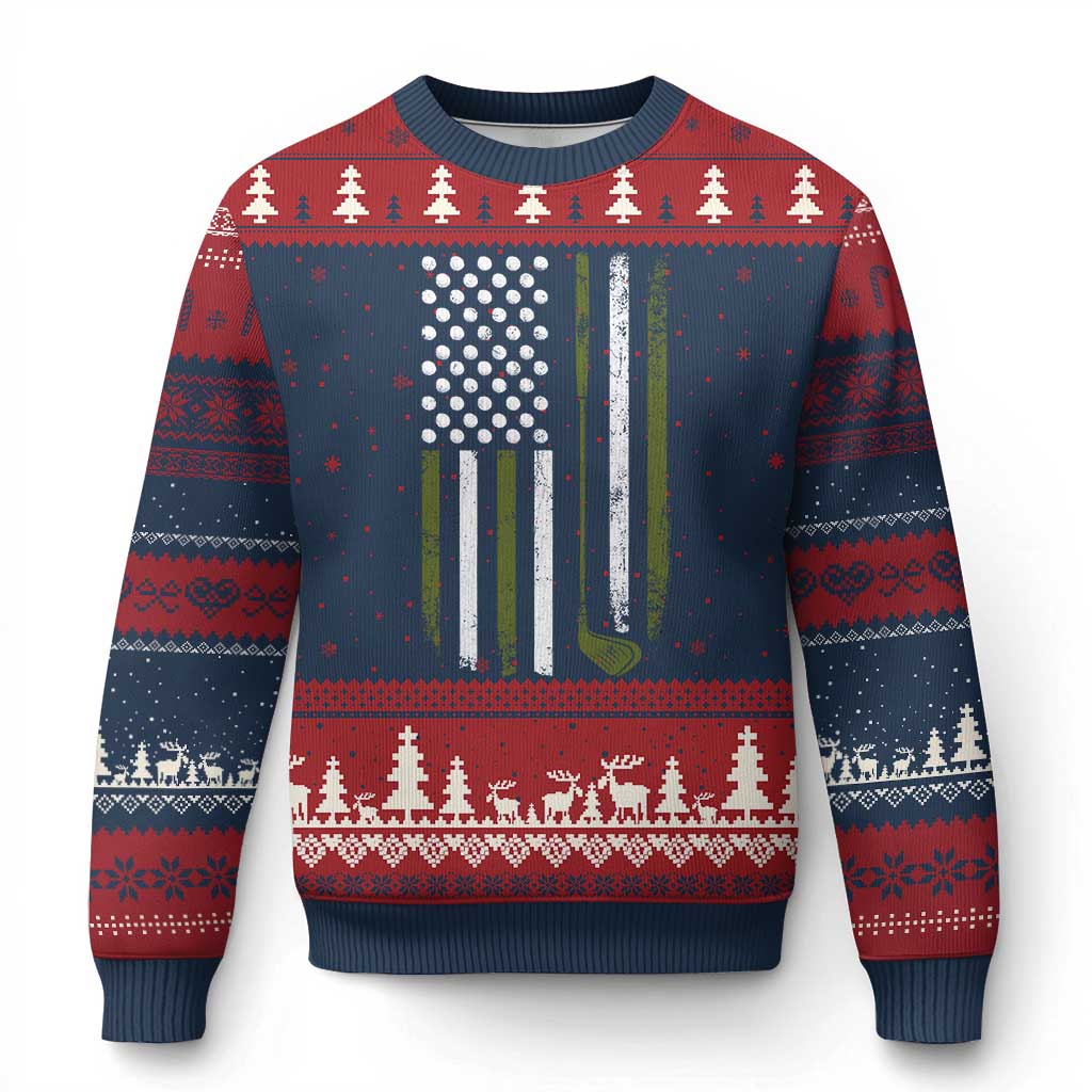 Retro American Flag Golf Ugly Christmas Sweater Golfer Funny Golf Club Golfing