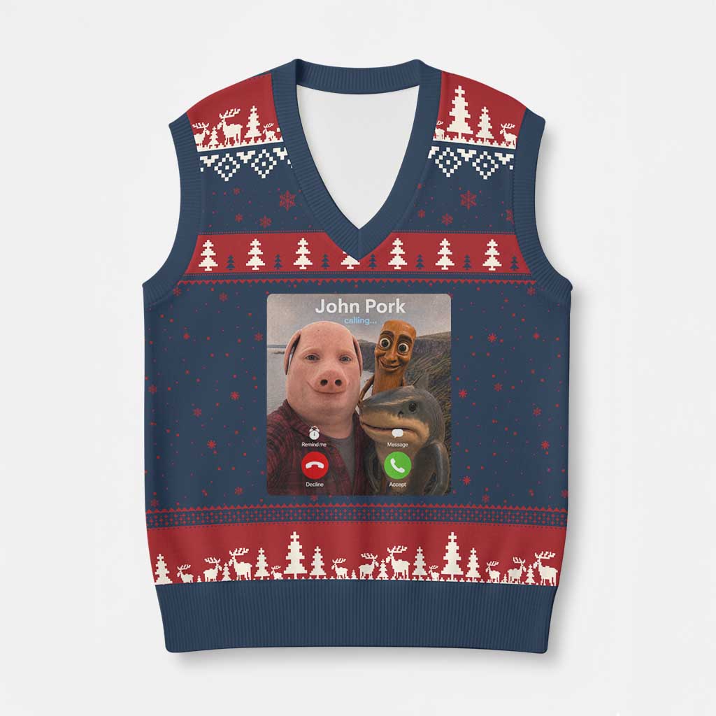 Tung Tung Tung Sahur John Pork Calling V-Neck Knit Sweater Vest Tralalero Tralala Meme Brainrot Funny