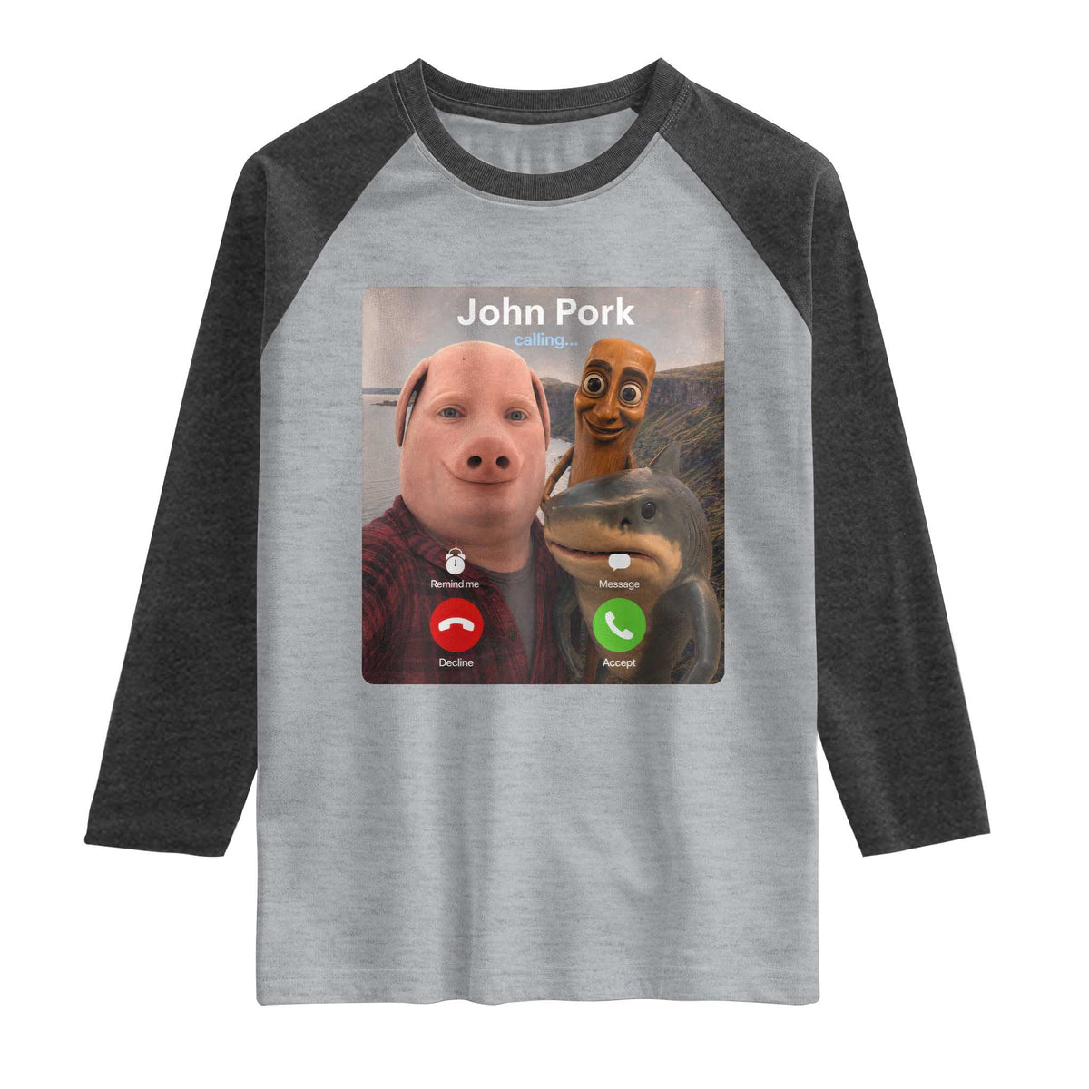 Tung Tung Tung Sahur John Pork Calling Raglan Shirt Tralalero Tralala Meme Brainrot Funny