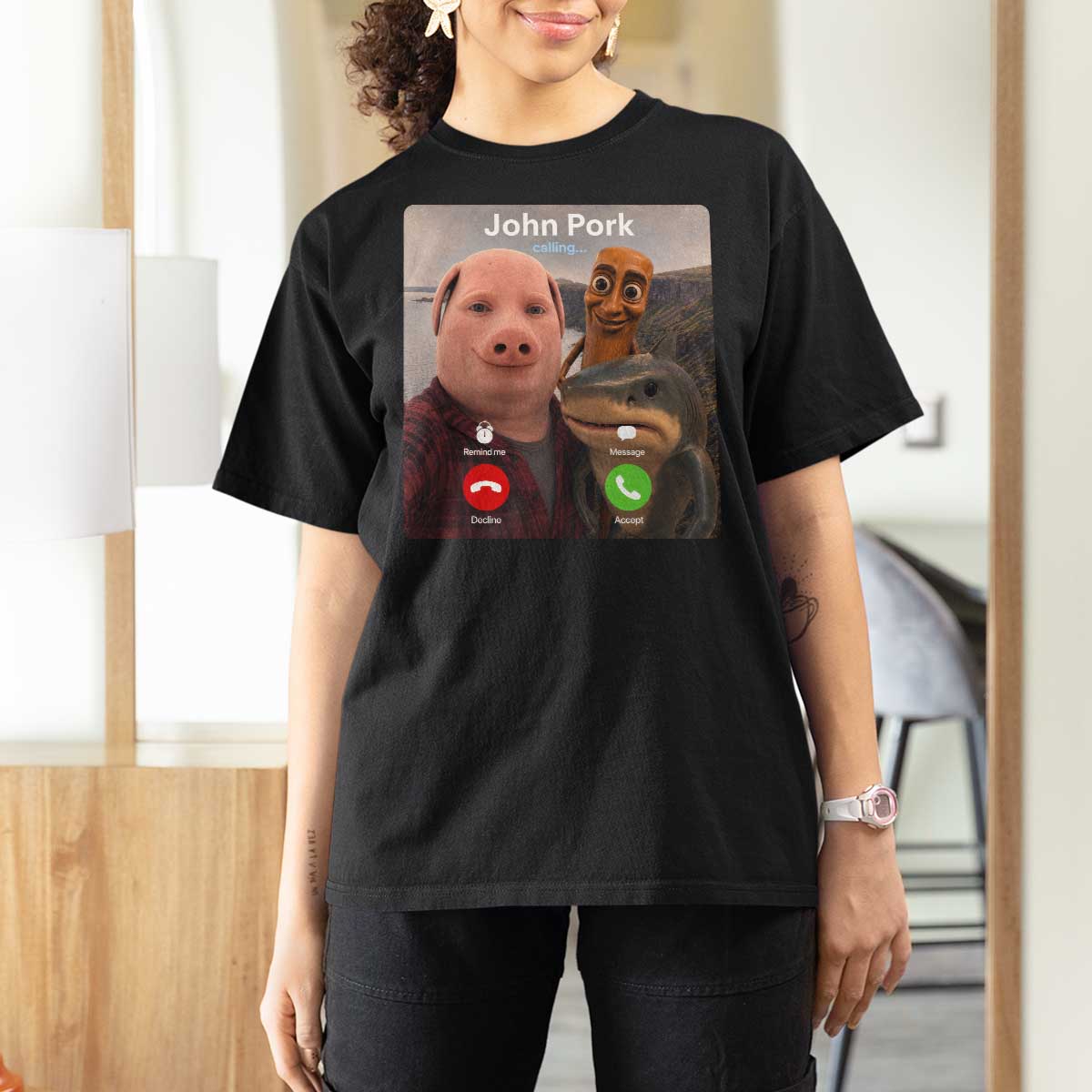 Tung Tung Tung Sahur John Pork Calling T Shirt For Women Tralalero Tralala Meme Brainrot Funny