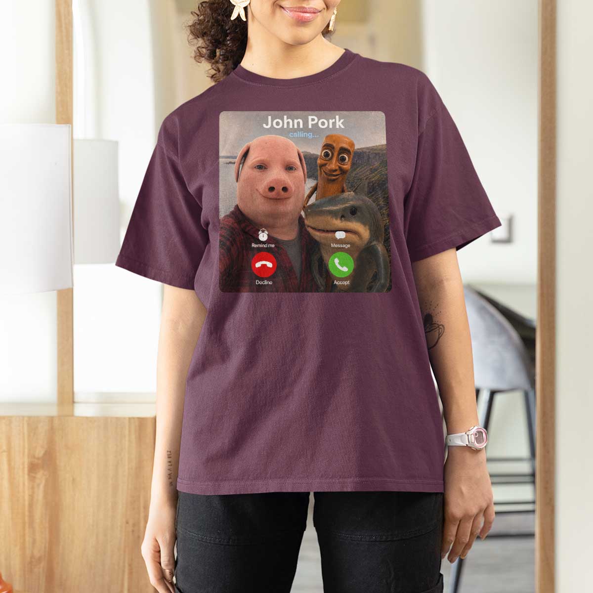 Tung Tung Tung Sahur John Pork Calling T Shirt For Women Tralalero Tralala Meme Brainrot Funny