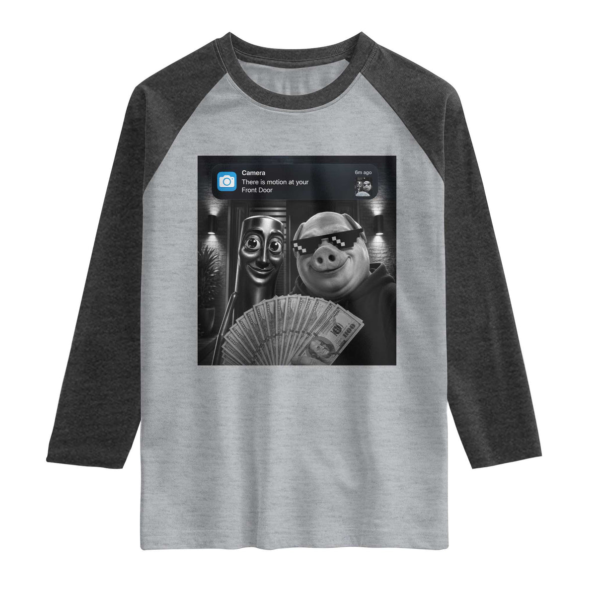 Tung Tung Tung Sahur John Pork Meme Brainrot Raglan Shirt There Is Motion At Your Front Door