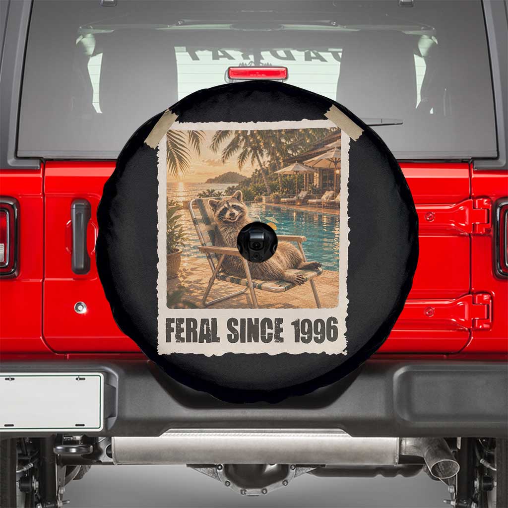 Funny Raccoon Feral Since 1996 30th Birthday Spare Tire Cover Vintage 30 Year Old Gift