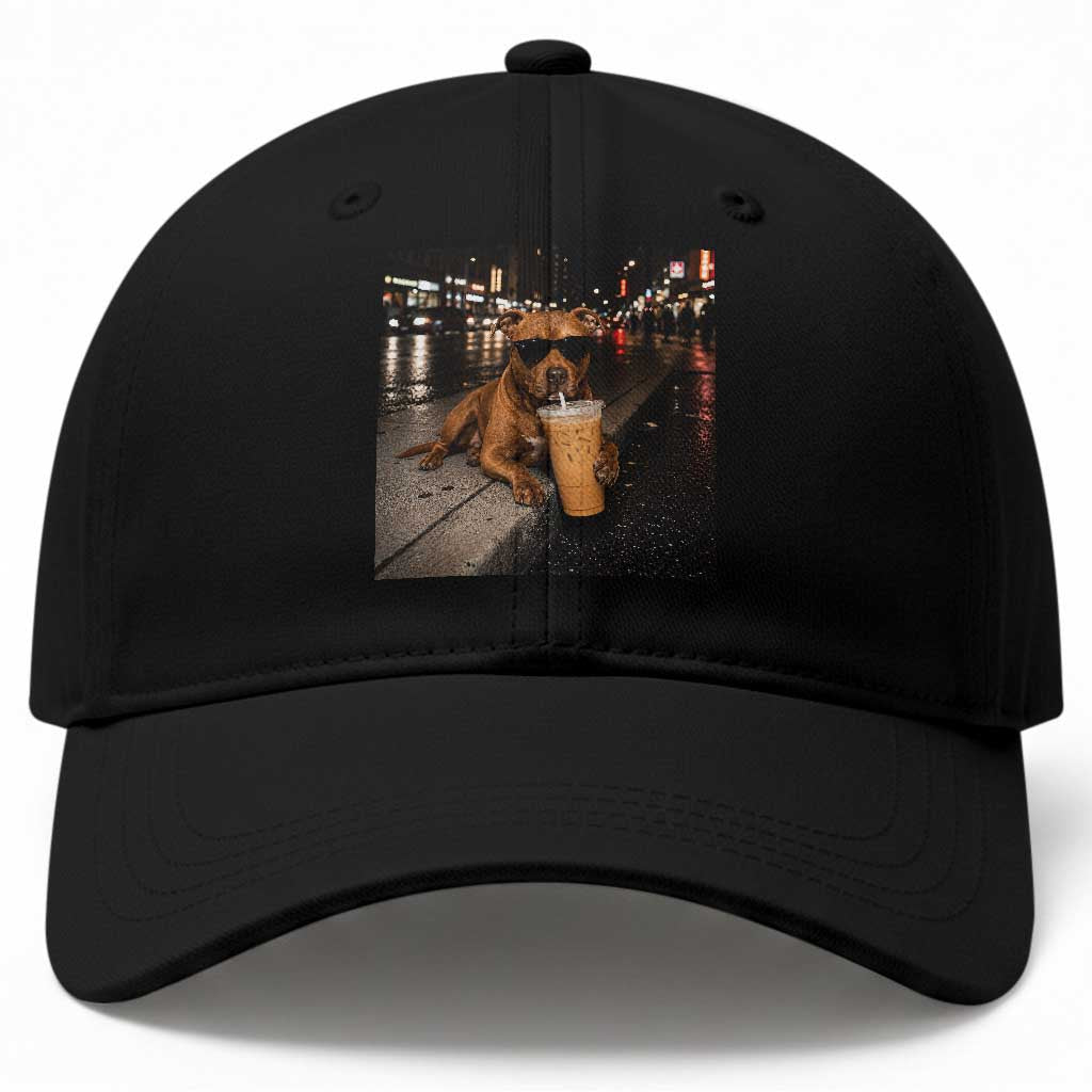 Funny Pitbull Drinking Iced Coffee Baseball Cap Vintage Pittie Dog Lovers Meme