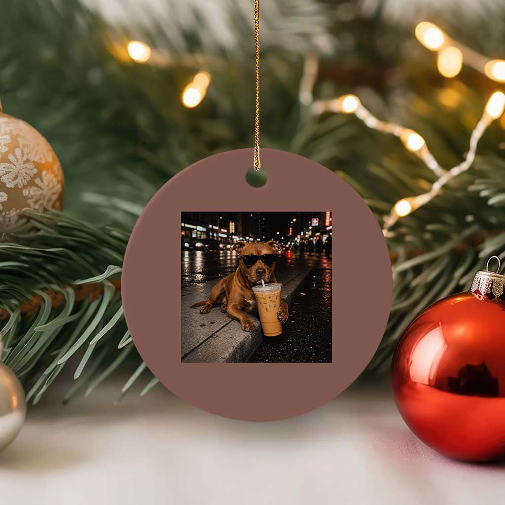 Funny Pitbull Drinking Iced Coffee Ceramic Ornament Vintage Pittie Dog Lovers Meme