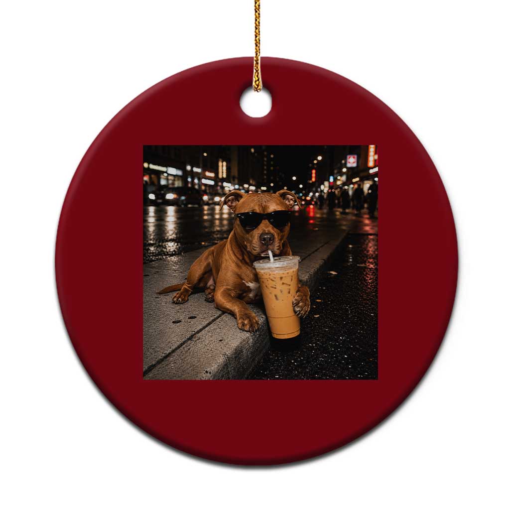 Funny Pitbull Drinking Iced Coffee Ceramic Ornament Vintage Pittie Dog Lovers Meme