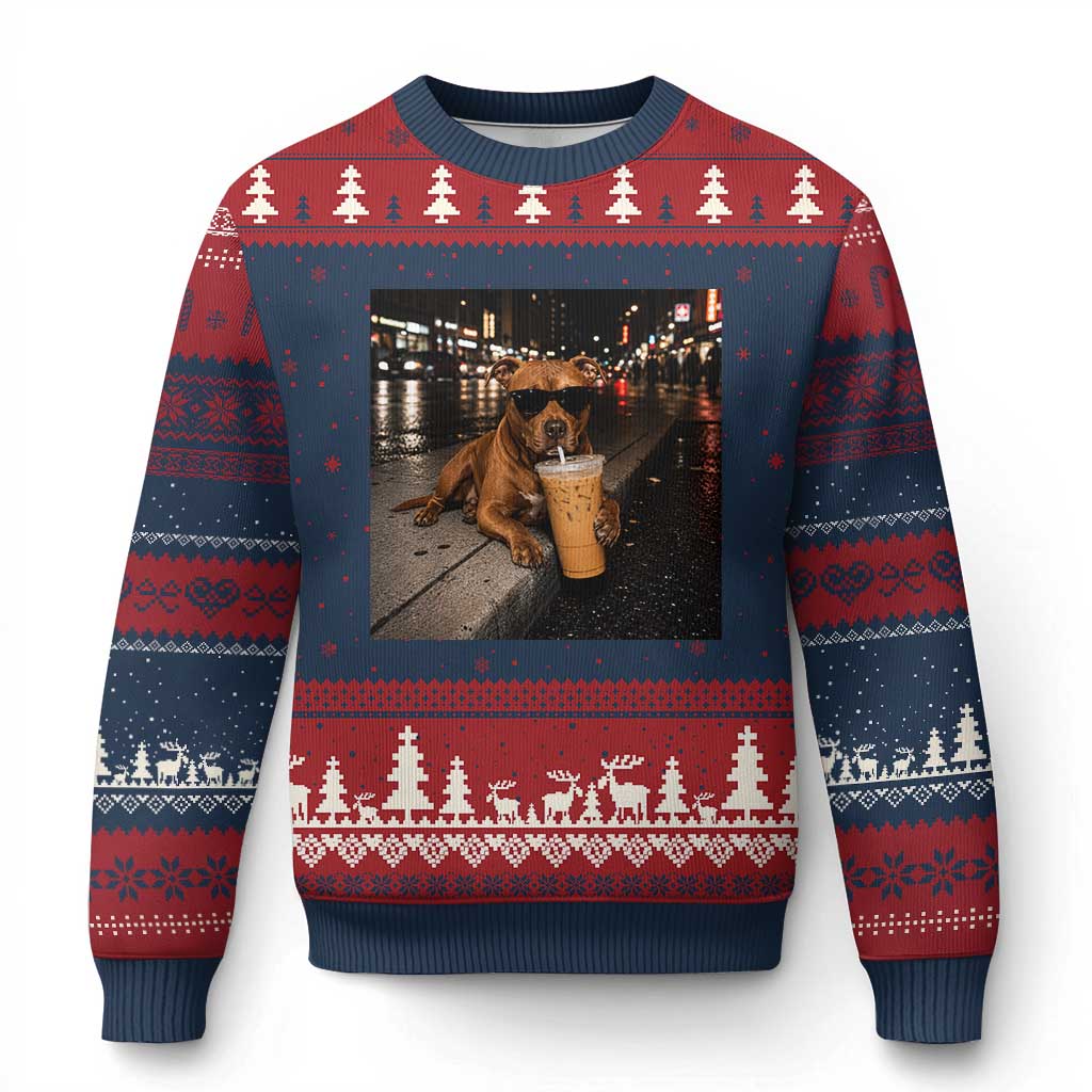 Funny Pitbull Drinking Iced Coffee Ugly Christmas Sweater Vintage Pittie Dog Lovers Meme
