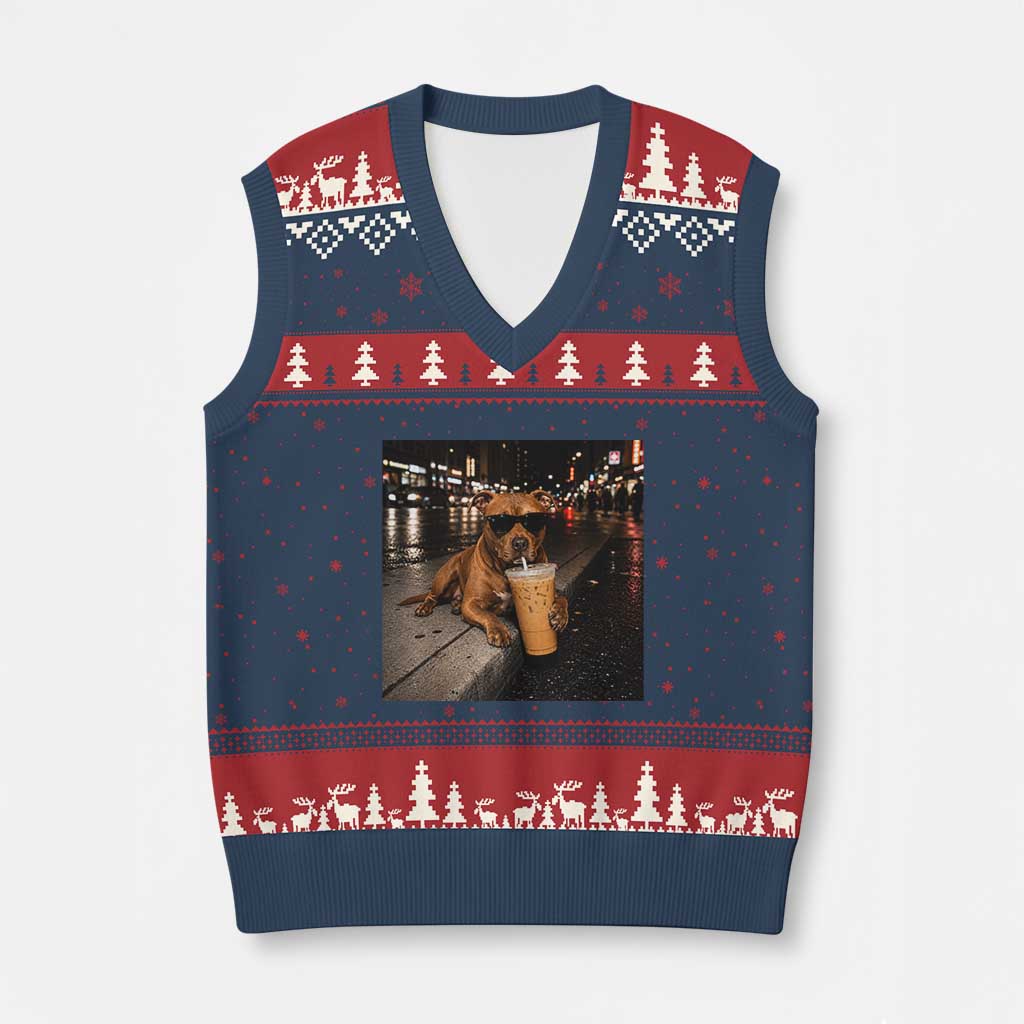Funny Pitbull Drinking Iced Coffee V-Neck Knit Sweater Vest Vintage Pittie Dog Lovers Meme