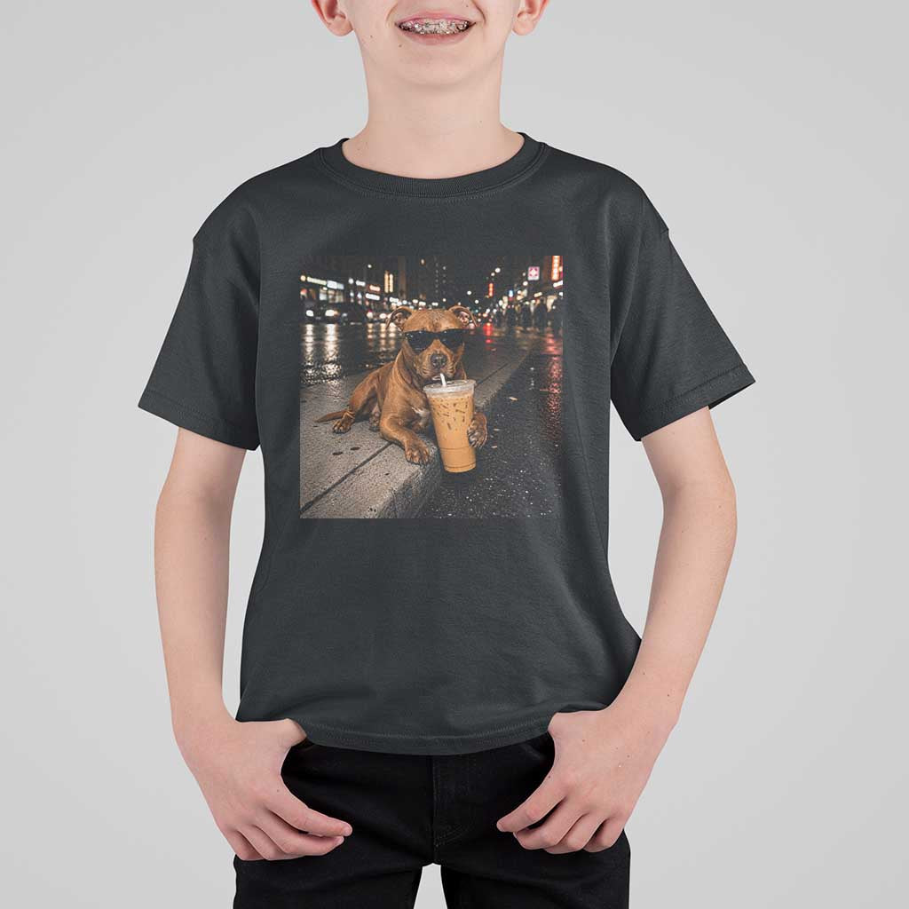 Funny Pitbull Drinking Iced Coffee T Shirt For Kid Vintage Pittie Dog Lovers Meme