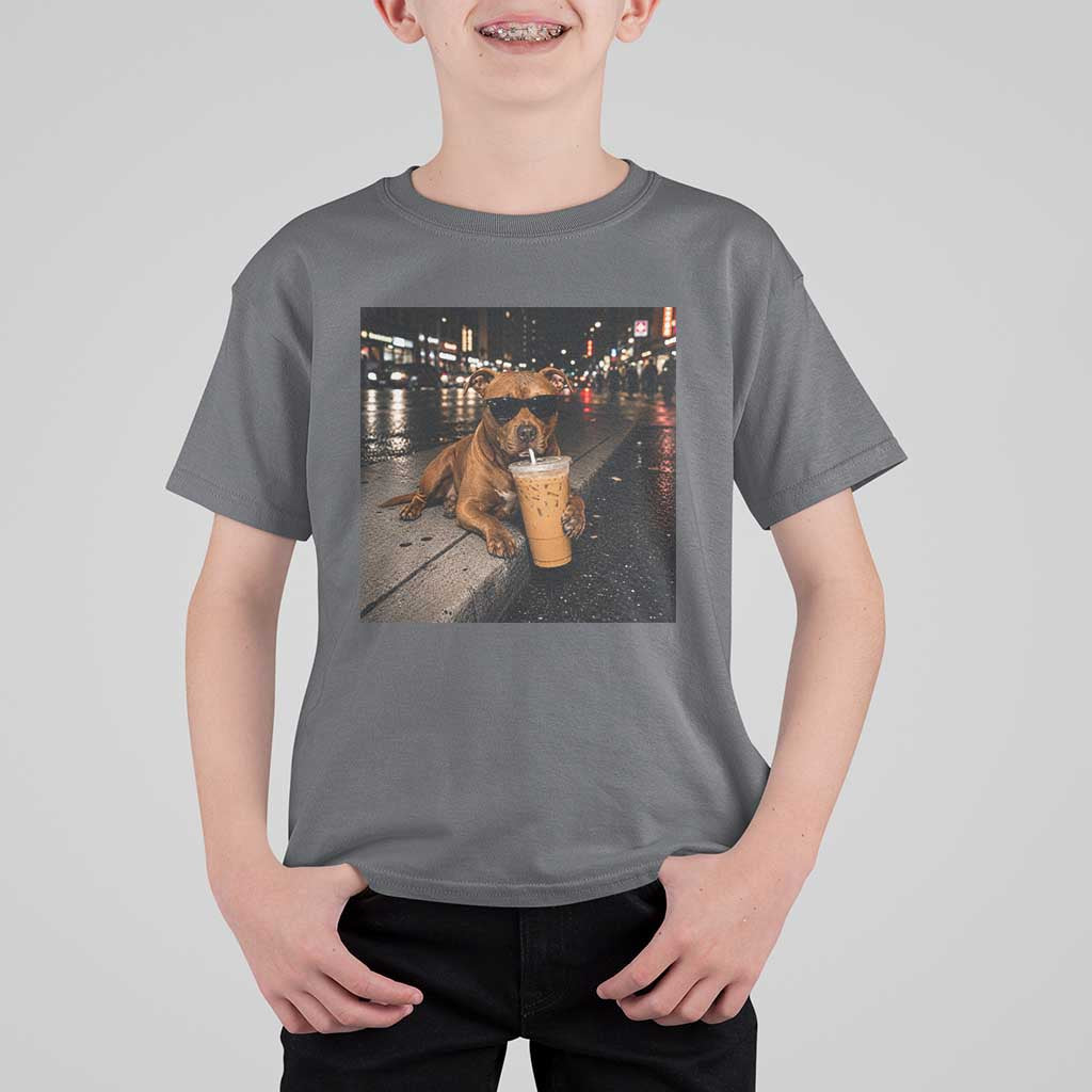 Funny Pitbull Drinking Iced Coffee T Shirt For Kid Vintage Pittie Dog Lovers Meme
