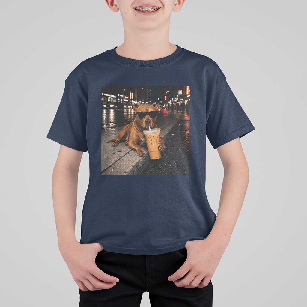 Funny Pitbull Drinking Iced Coffee T Shirt For Kid Vintage Pittie Dog Lovers Meme