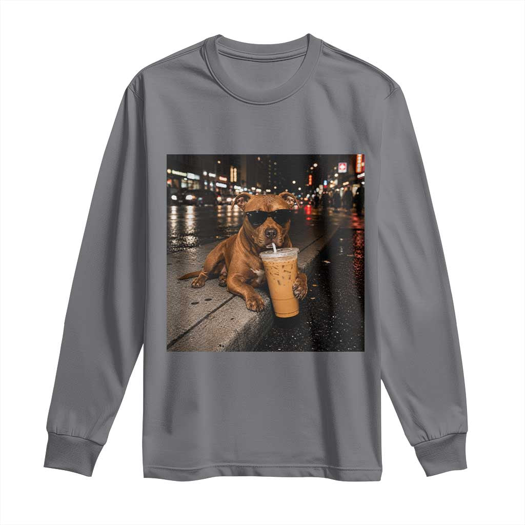 Funny Pitbull Drinking Iced Coffee Long Sleeve Shirt Vintage Pittie Dog Lovers Meme