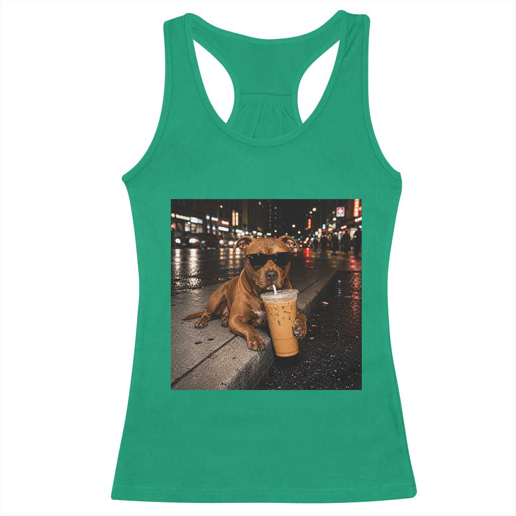 Funny Pitbull Drinking Iced Coffee Racerback Tank Top Vintage Pittie Dog Lovers Meme