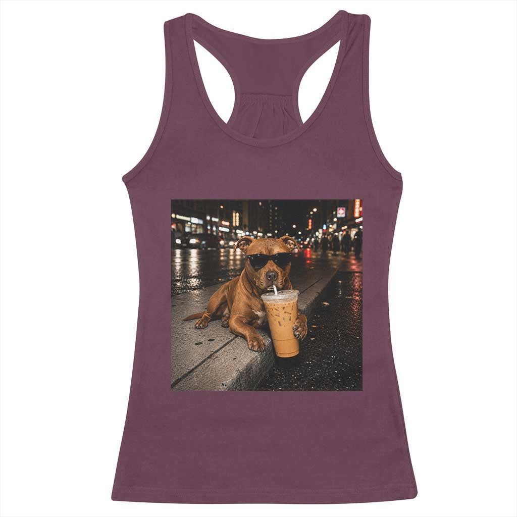 Funny Pitbull Drinking Iced Coffee Racerback Tank Top Vintage Pittie Dog Lovers Meme