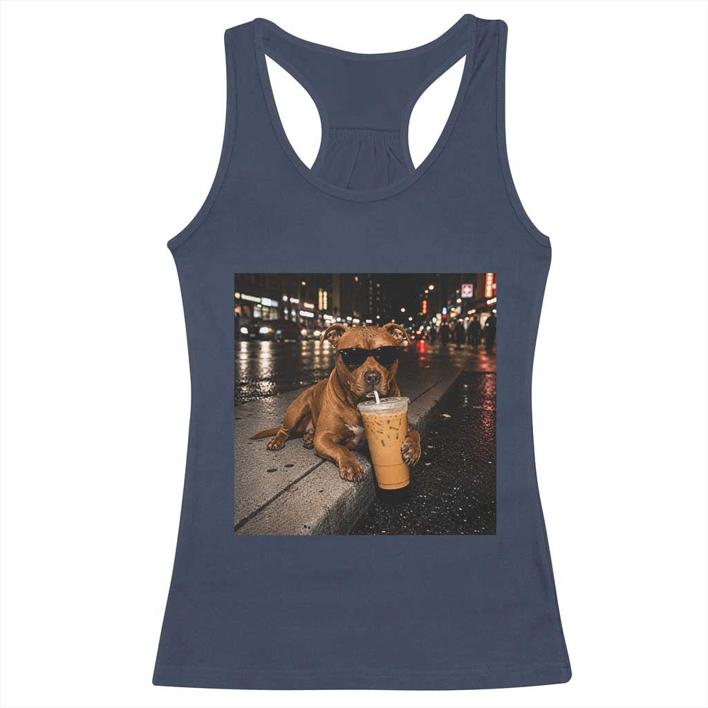 Funny Pitbull Drinking Iced Coffee Racerback Tank Top Vintage Pittie Dog Lovers Meme