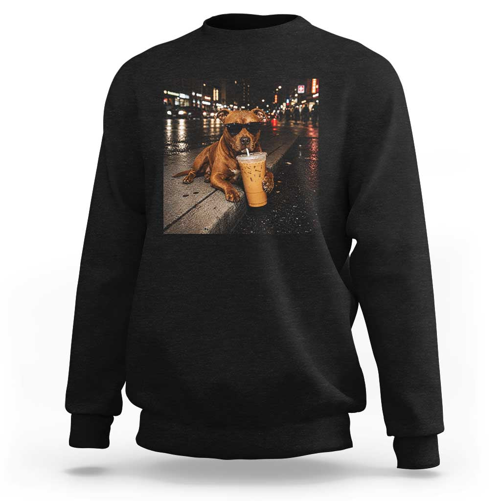 Funny Pitbull Drinking Iced Coffee Sweatshirt Vintage Pittie Dog Lovers Meme