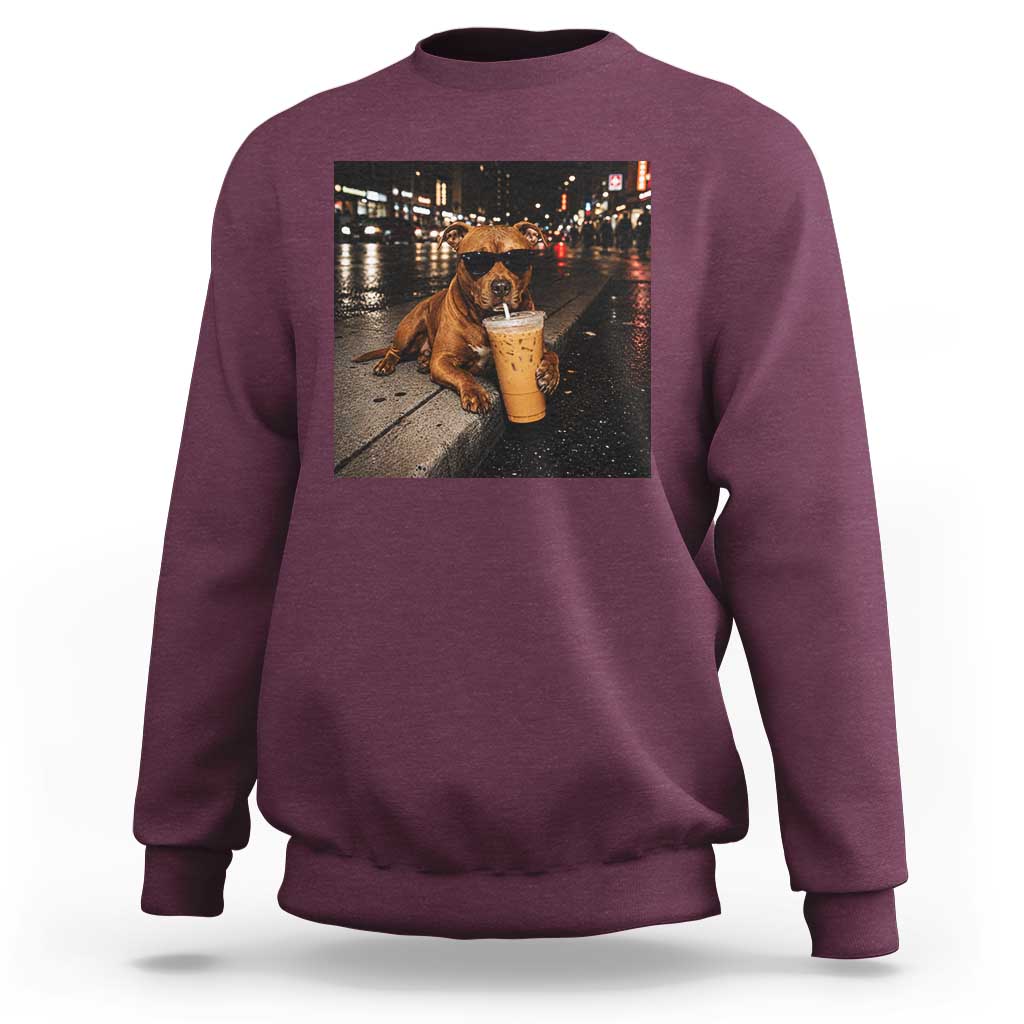 Funny Pitbull Drinking Iced Coffee Sweatshirt Vintage Pittie Dog Lovers Meme