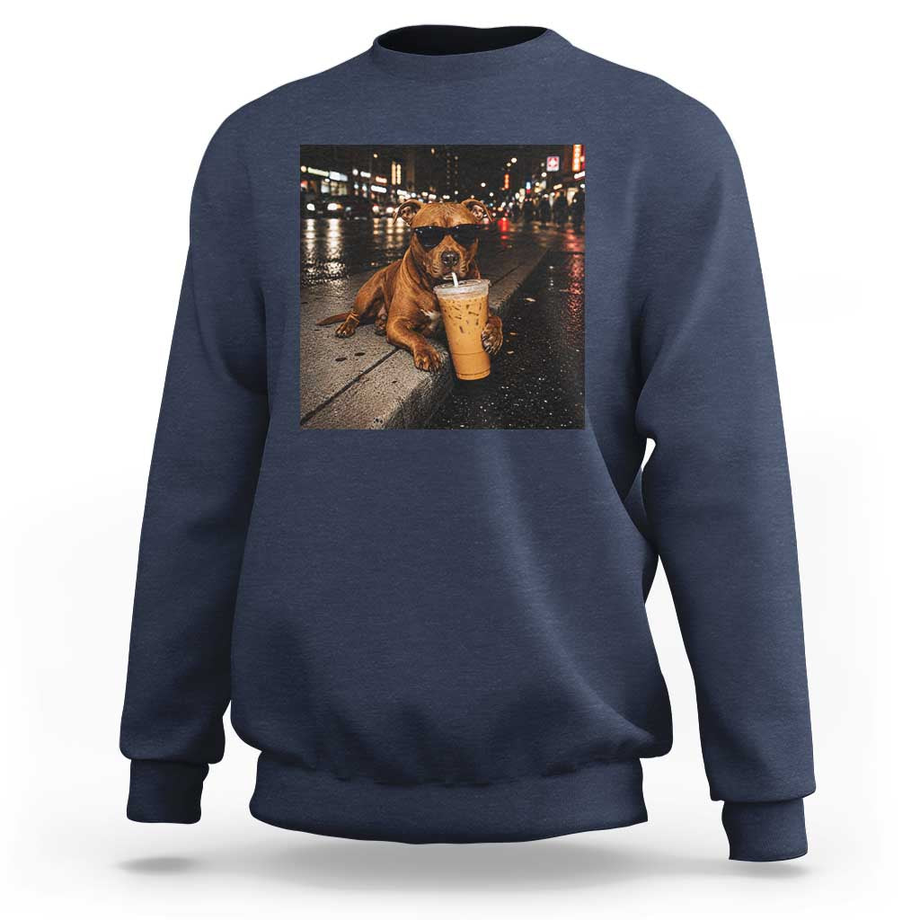 Funny Pitbull Drinking Iced Coffee Sweatshirt Vintage Pittie Dog Lovers Meme