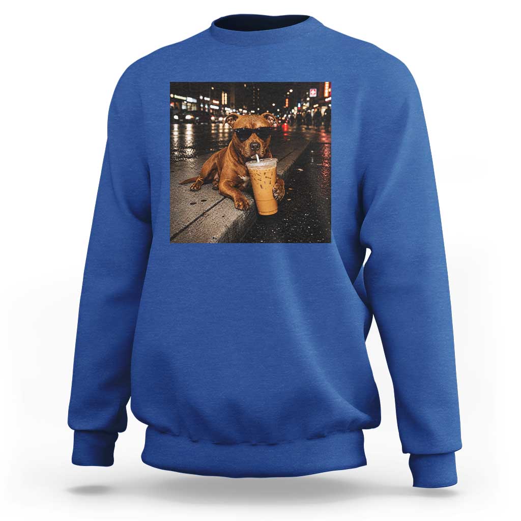 Funny Pitbull Drinking Iced Coffee Sweatshirt Vintage Pittie Dog Lovers Meme
