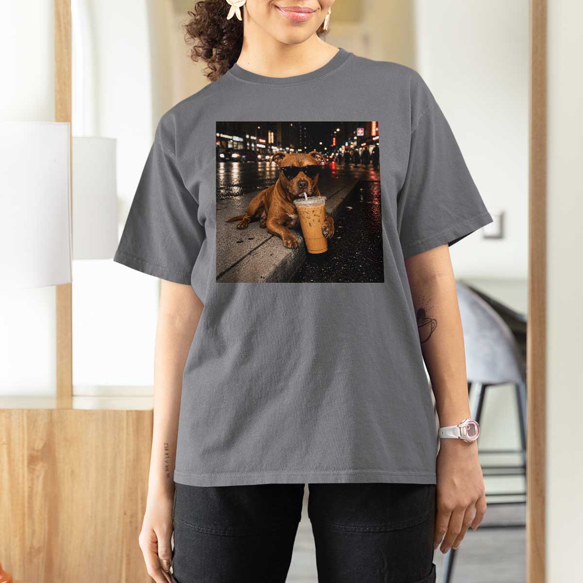 Funny Pitbull Drinking Iced Coffee T Shirt For Women Vintage Pittie Dog Lovers Meme
