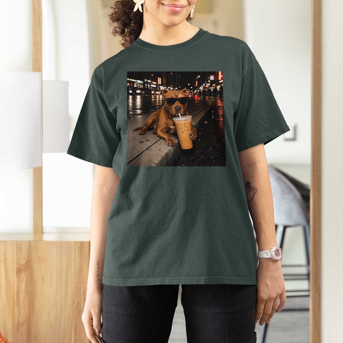 Funny Pitbull Drinking Iced Coffee T Shirt For Women Vintage Pittie Dog Lovers Meme