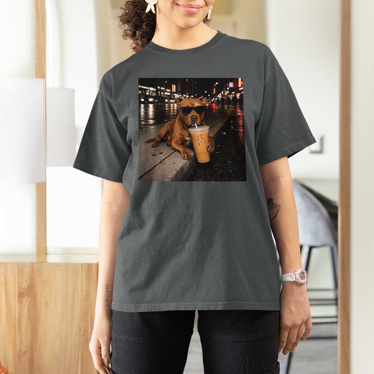 Funny Pitbull Drinking Iced Coffee T Shirt For Women Vintage Pittie Dog Lovers Meme
