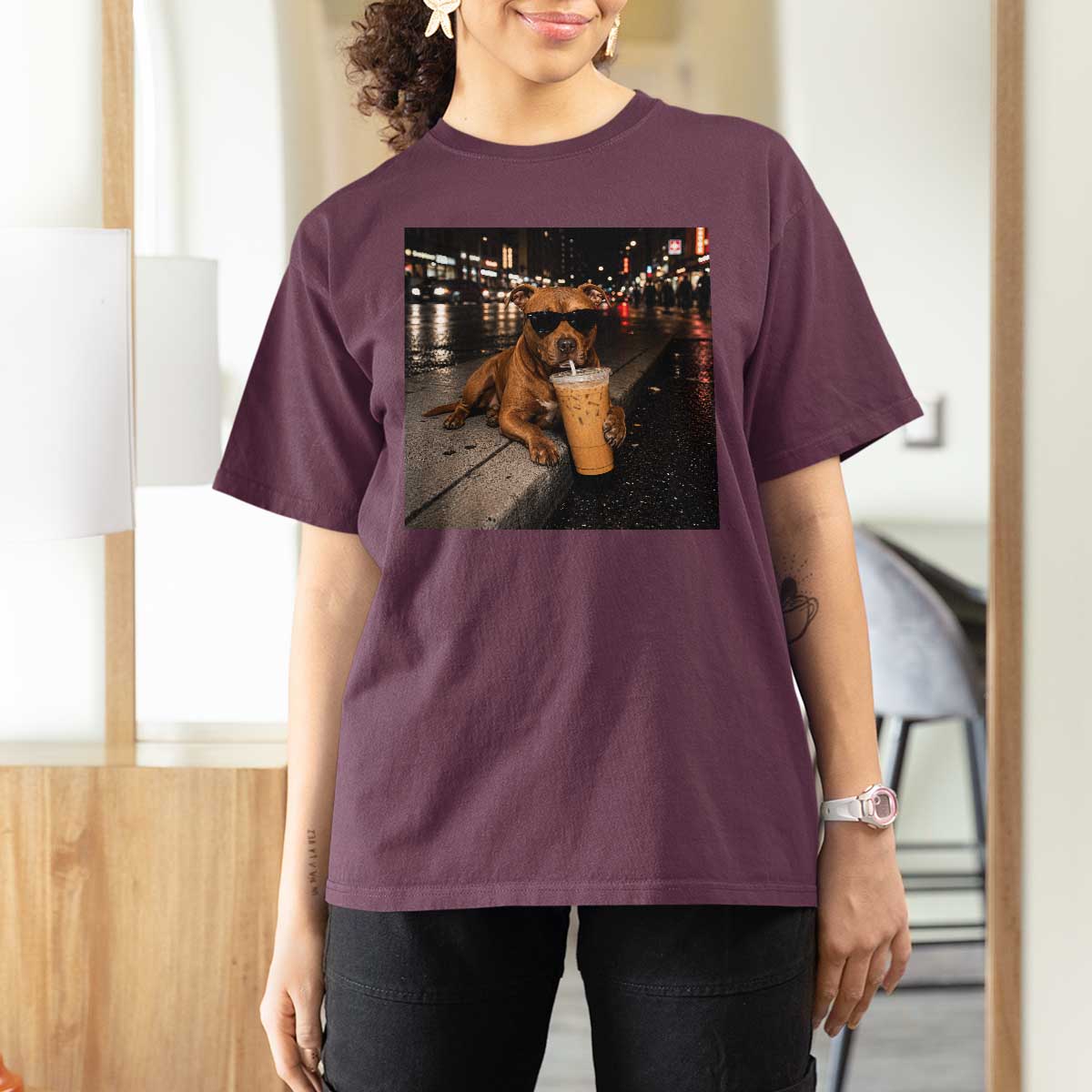 Funny Pitbull Drinking Iced Coffee T Shirt For Women Vintage Pittie Dog Lovers Meme