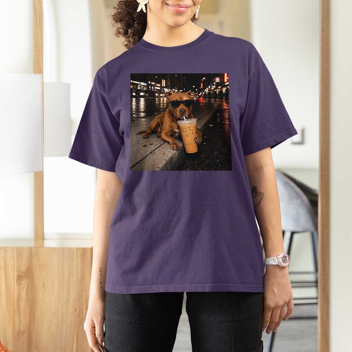 Funny Pitbull Drinking Iced Coffee T Shirt For Women Vintage Pittie Dog Lovers Meme