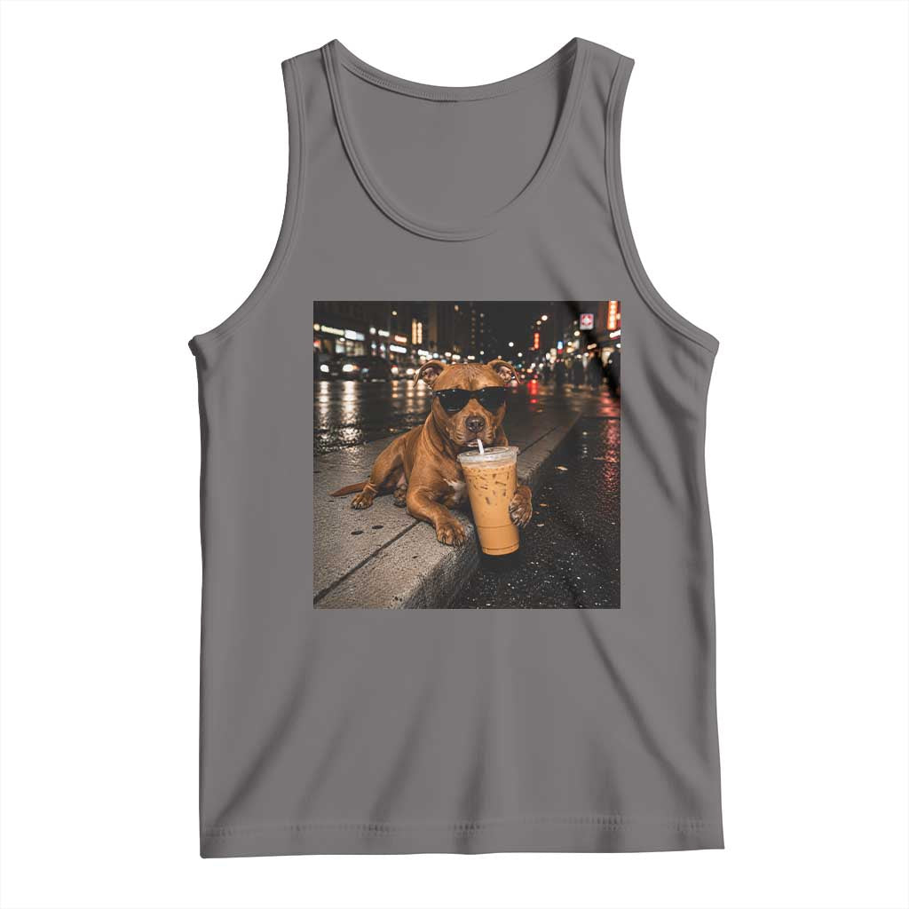 Funny Pitbull Drinking Iced Coffee Tank Top Vintage Pittie Dog Lovers Meme