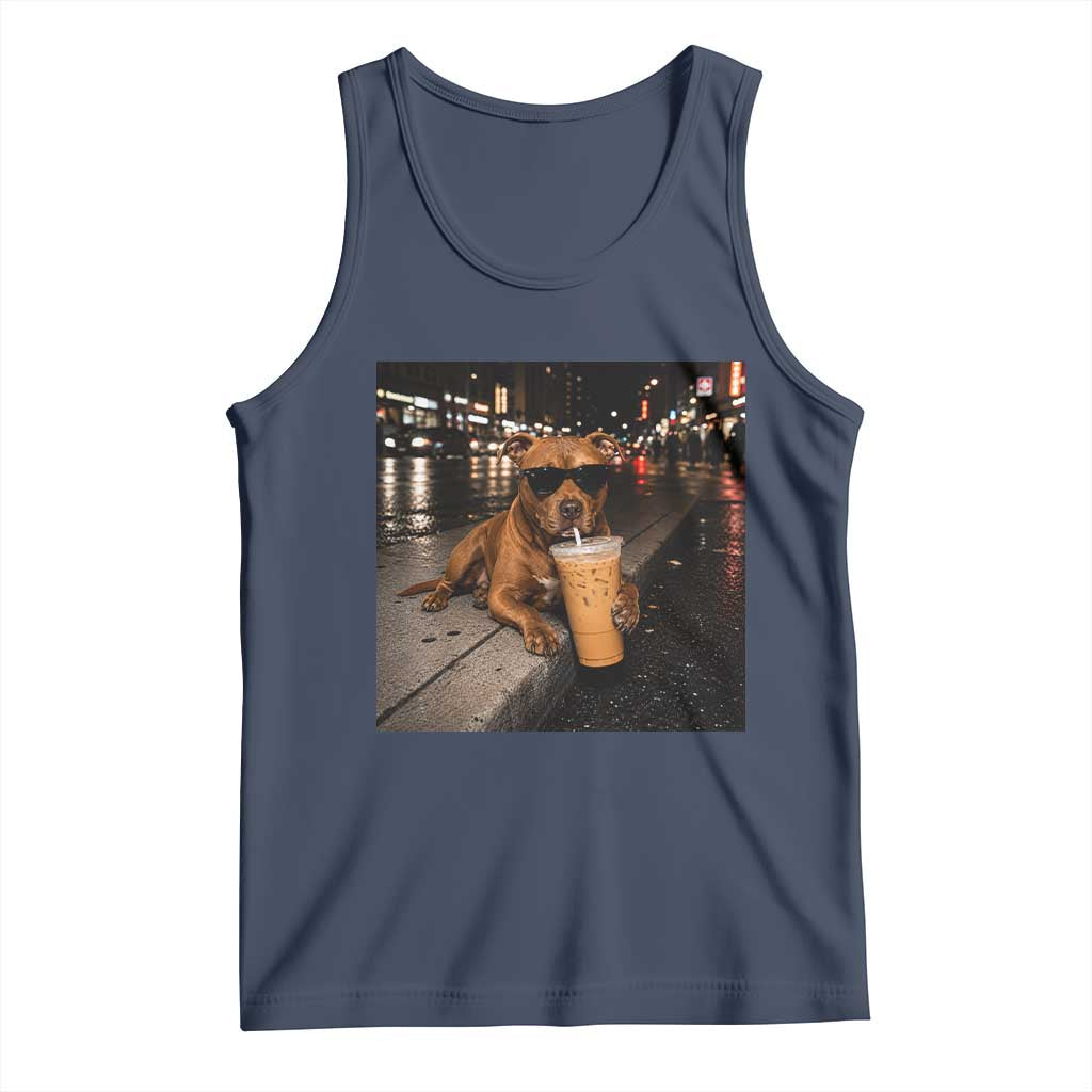 Funny Pitbull Drinking Iced Coffee Tank Top Vintage Pittie Dog Lovers Meme