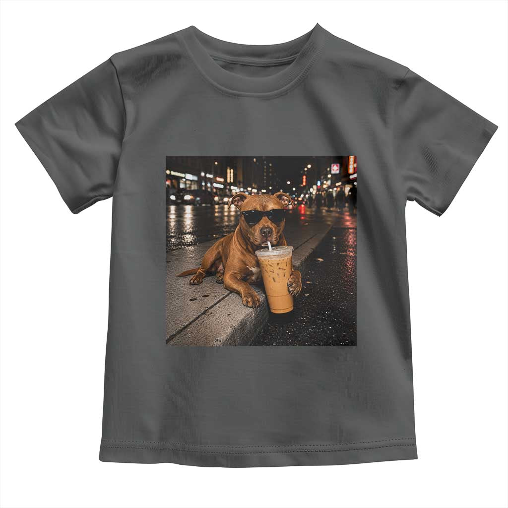 Funny Pitbull Drinking Iced Coffee Toddler T Shirt Vintage Pittie Dog Lovers Meme