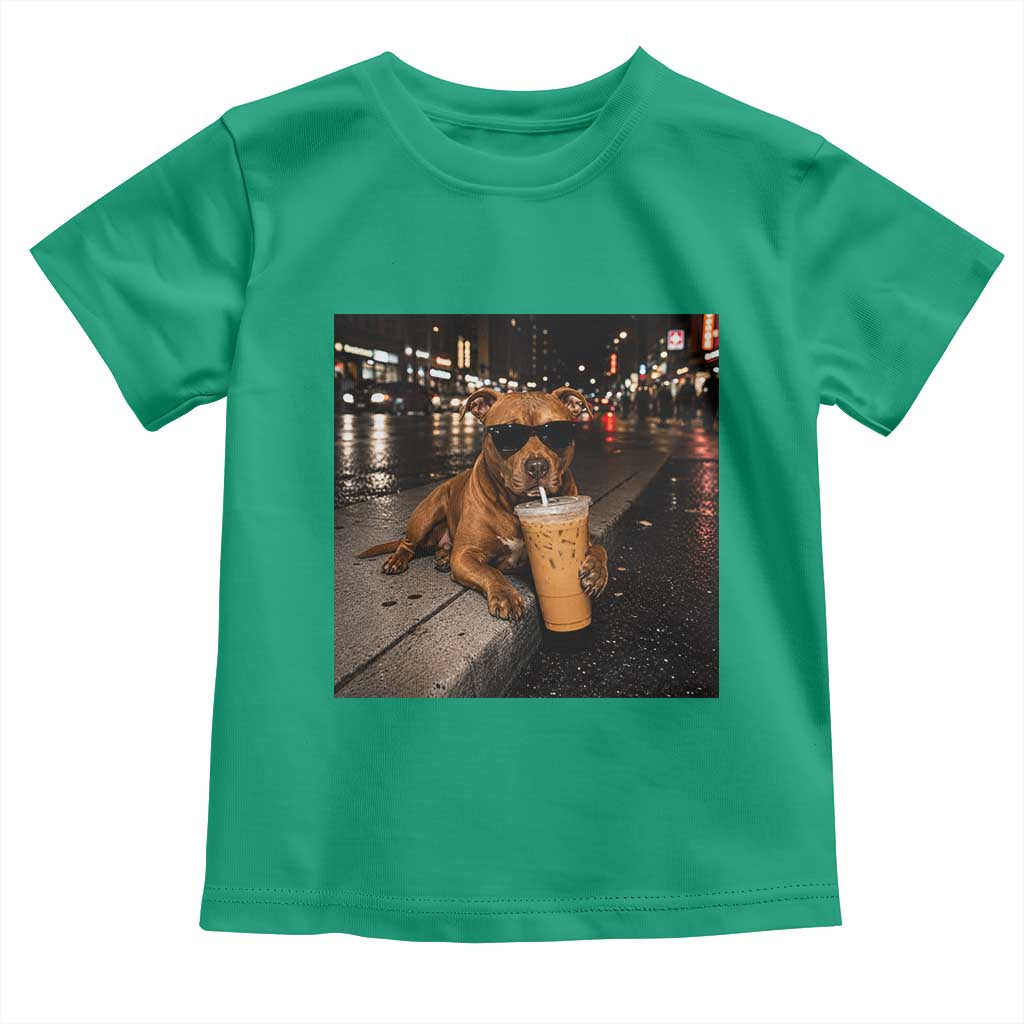 Funny Pitbull Drinking Iced Coffee Toddler T Shirt Vintage Pittie Dog Lovers Meme