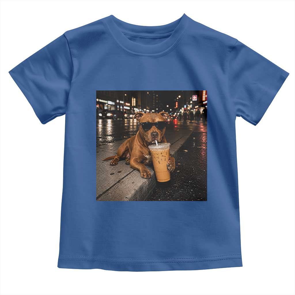Funny Pitbull Drinking Iced Coffee Toddler T Shirt Vintage Pittie Dog Lovers Meme