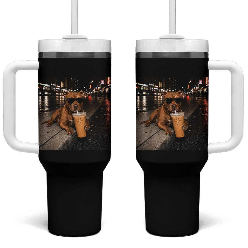 Funny Pitbull Drinking Iced Coffee Tumbler With Handle Vintage Pittie Dog Lovers Meme