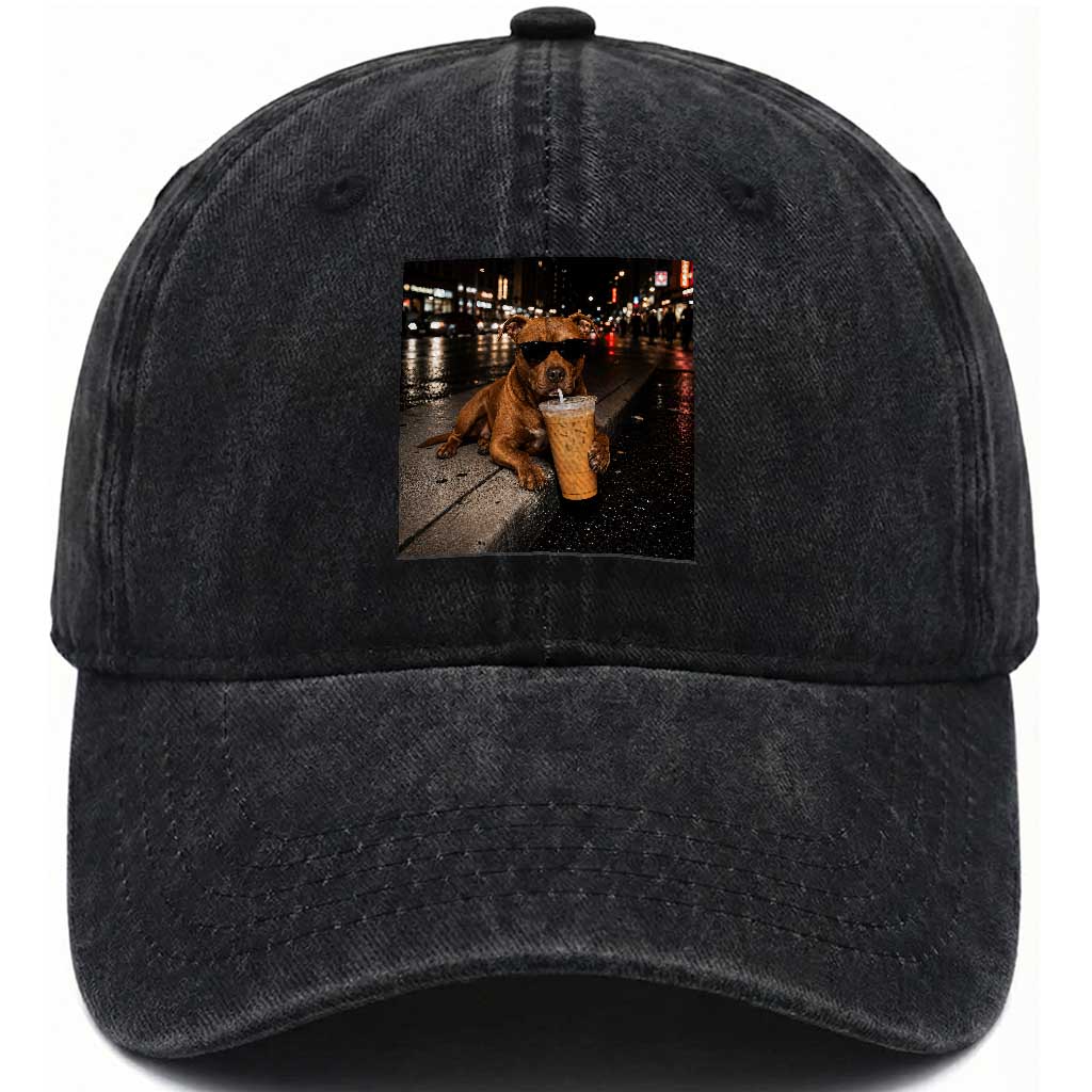 Funny Pitbull Drinking Iced Coffee Washed Cotton Baseball Cap Vintage Pittie Dog Lovers Meme