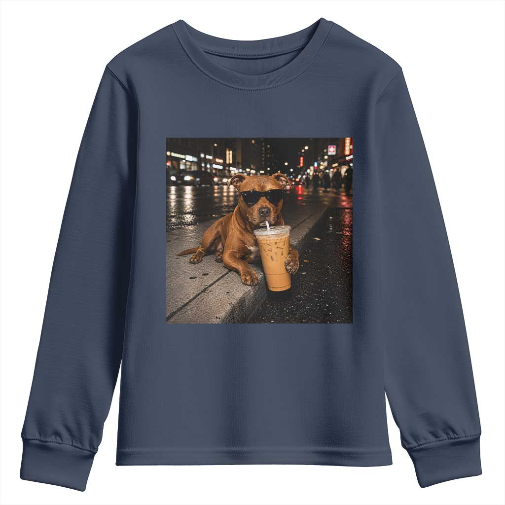 Funny Pitbull Drinking Iced Coffee Youth Sweatshirt Vintage Pittie Dog Lovers Meme