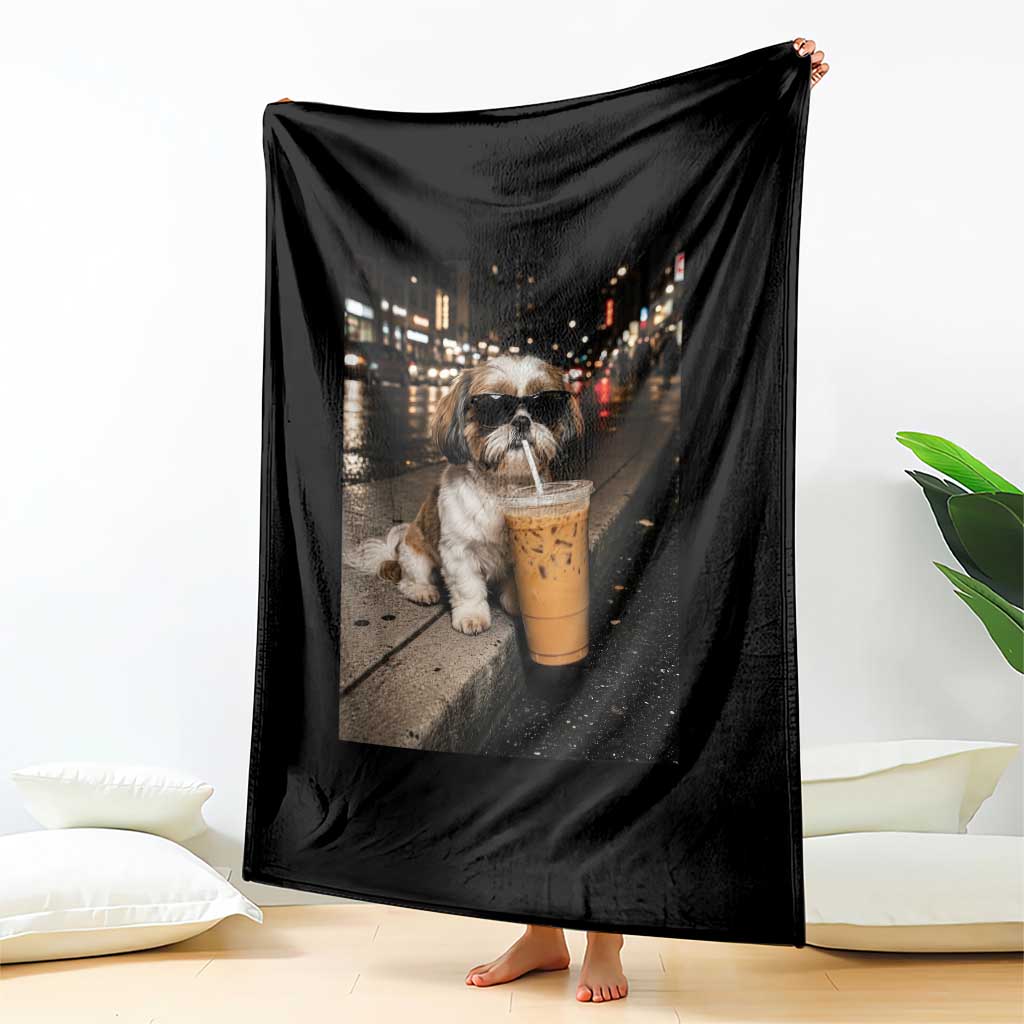 Funny Shih Tzu Drinking Iced Coffee Throw Blanket Vintage Dog Lover