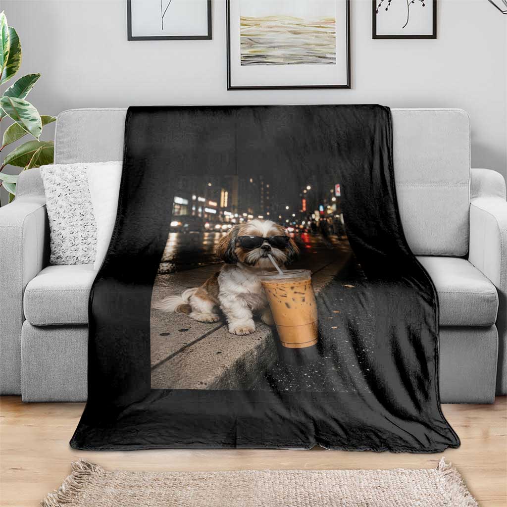Funny Shih Tzu Drinking Iced Coffee Throw Blanket Vintage Dog Lover