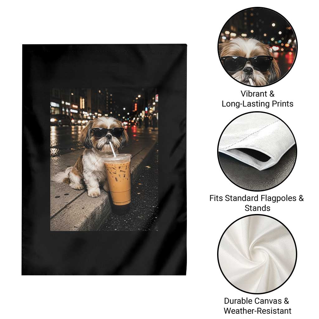 Funny Shih Tzu Drinking Iced Coffee Garden Flag Vintage Dog Lover