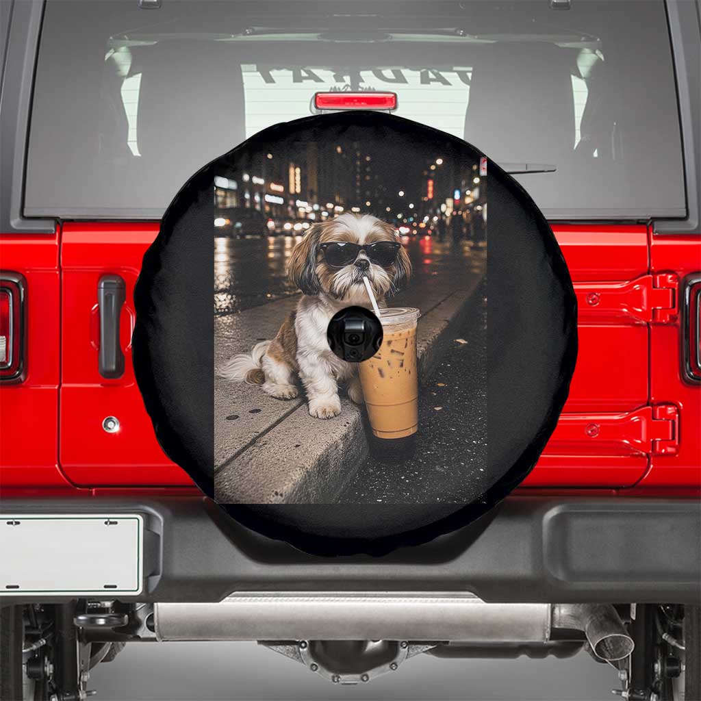 Funny Shih Tzu Drinking Iced Coffee Spare Tire Cover Vintage Dog Lover
