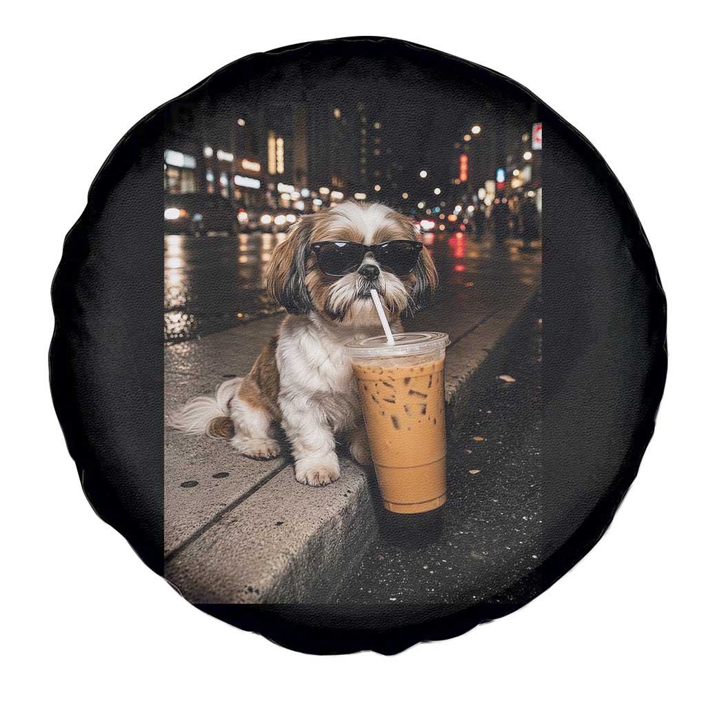 Funny Shih Tzu Drinking Iced Coffee Spare Tire Cover Vintage Dog Lover