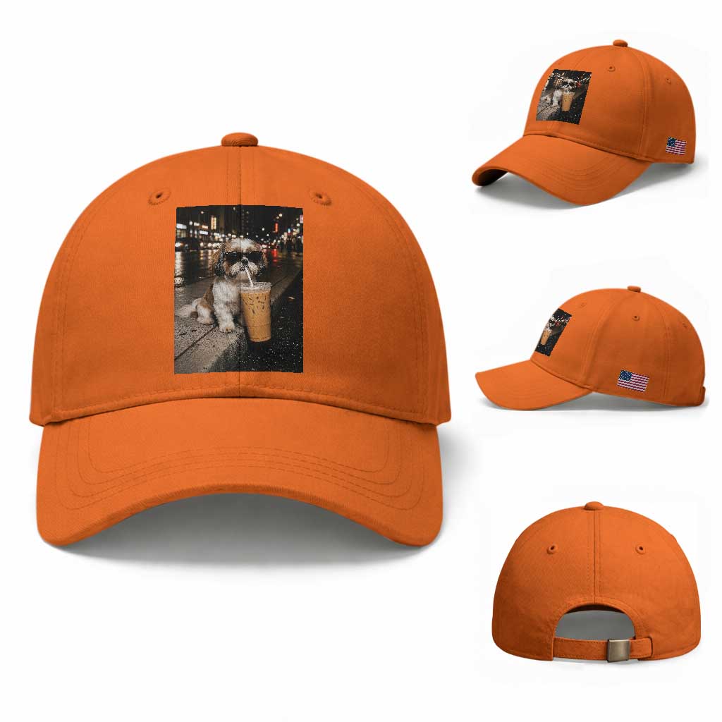 Funny Shih Tzu Drinking Iced Coffee Baseball Cap Vintage Dog Lover