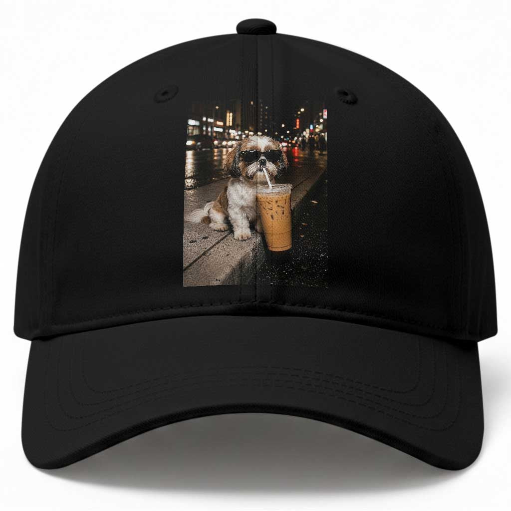 Funny Shih Tzu Drinking Iced Coffee Baseball Cap Vintage Dog Lover