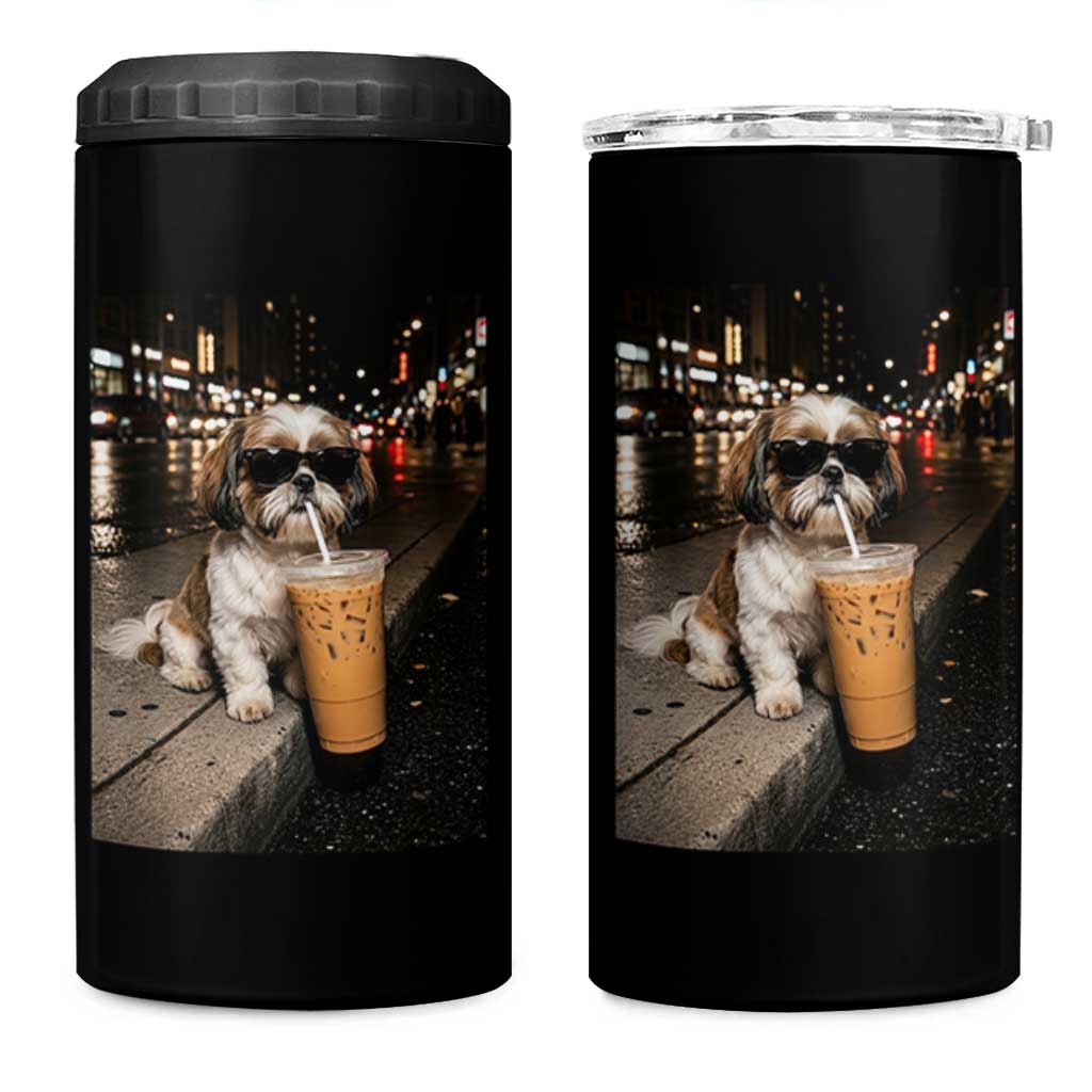 Funny Shih Tzu Drinking Iced Coffee 4 in 1 Can Cooler Tumbler Vintage Dog Lover