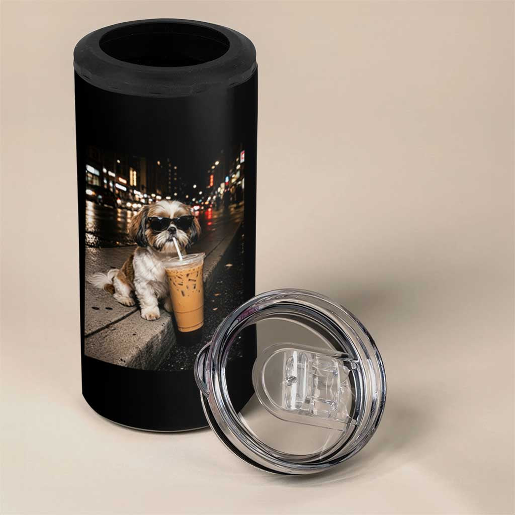 Funny Shih Tzu Drinking Iced Coffee 4 in 1 Can Cooler Tumbler Vintage Dog Lover