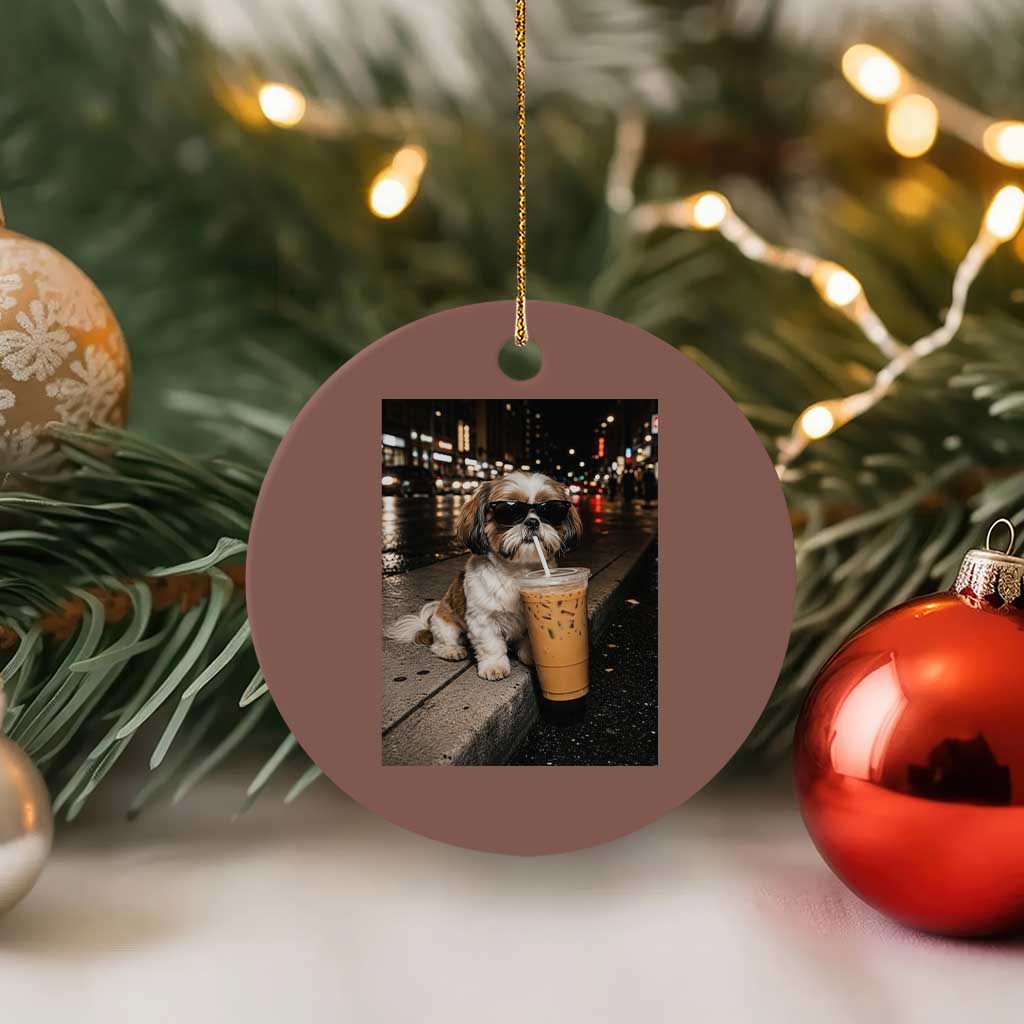 Funny Shih Tzu Drinking Iced Coffee Ceramic Ornament Vintage Dog Lover