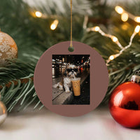 Funny Shih Tzu Drinking Iced Coffee Ceramic Ornament Vintage Dog Lover